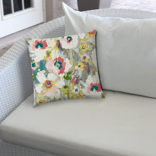 Gray Floral Painted Indoor Outdoor Sewn Throw Pillow