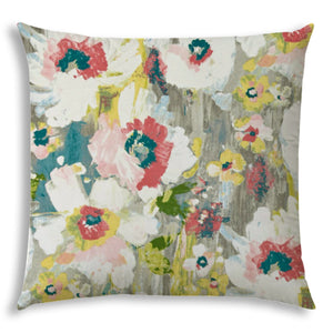 Gray Floral Painted Indoor Outdoor Sewn Throw Pillow