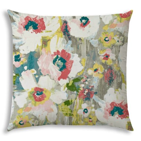 Gray Floral Painted Indoor Outdoor Sewn Throw Pillow