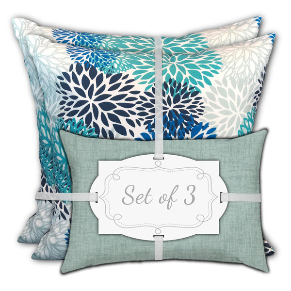 Set of 3 Seafoam Blooms Indoor Outdoor Sewn Pillows