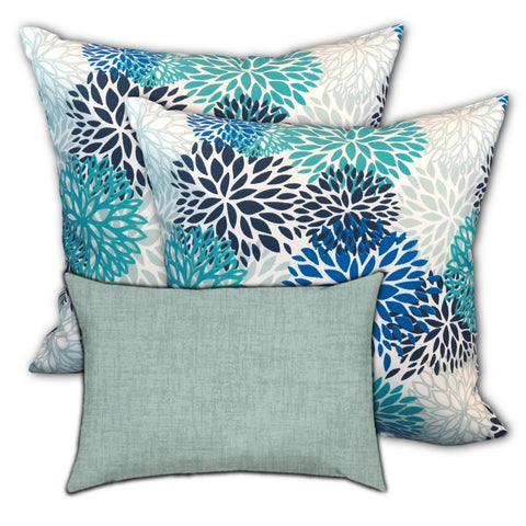 Set of 3 Seafoam Blooms Indoor Outdoor Zippered Pillows