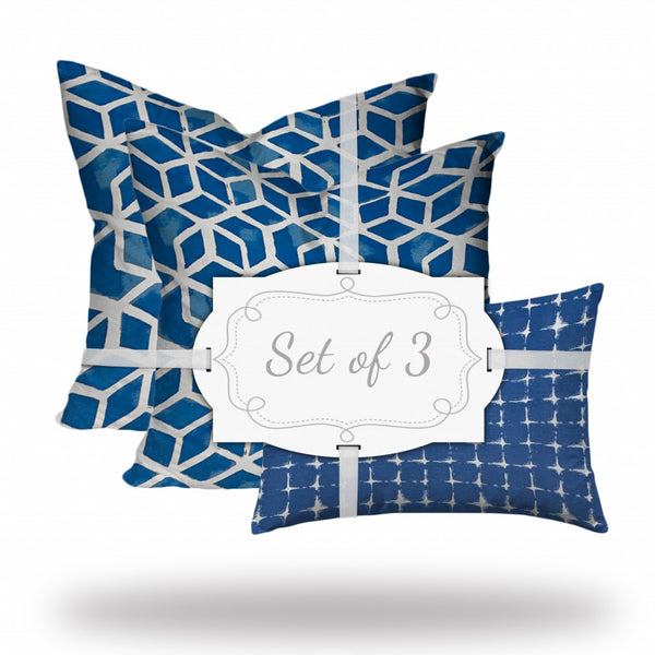 Set of 3 Blue Geo Star Indoor Outdoor Zippered Pillow Covers