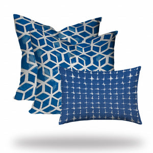 Set of 3 Blue Geo Star Indoor Outdoor Zippered Pillows