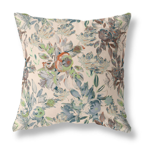 20” Green Brown Florals Indoor Outdoor Zippered Throw Pillow