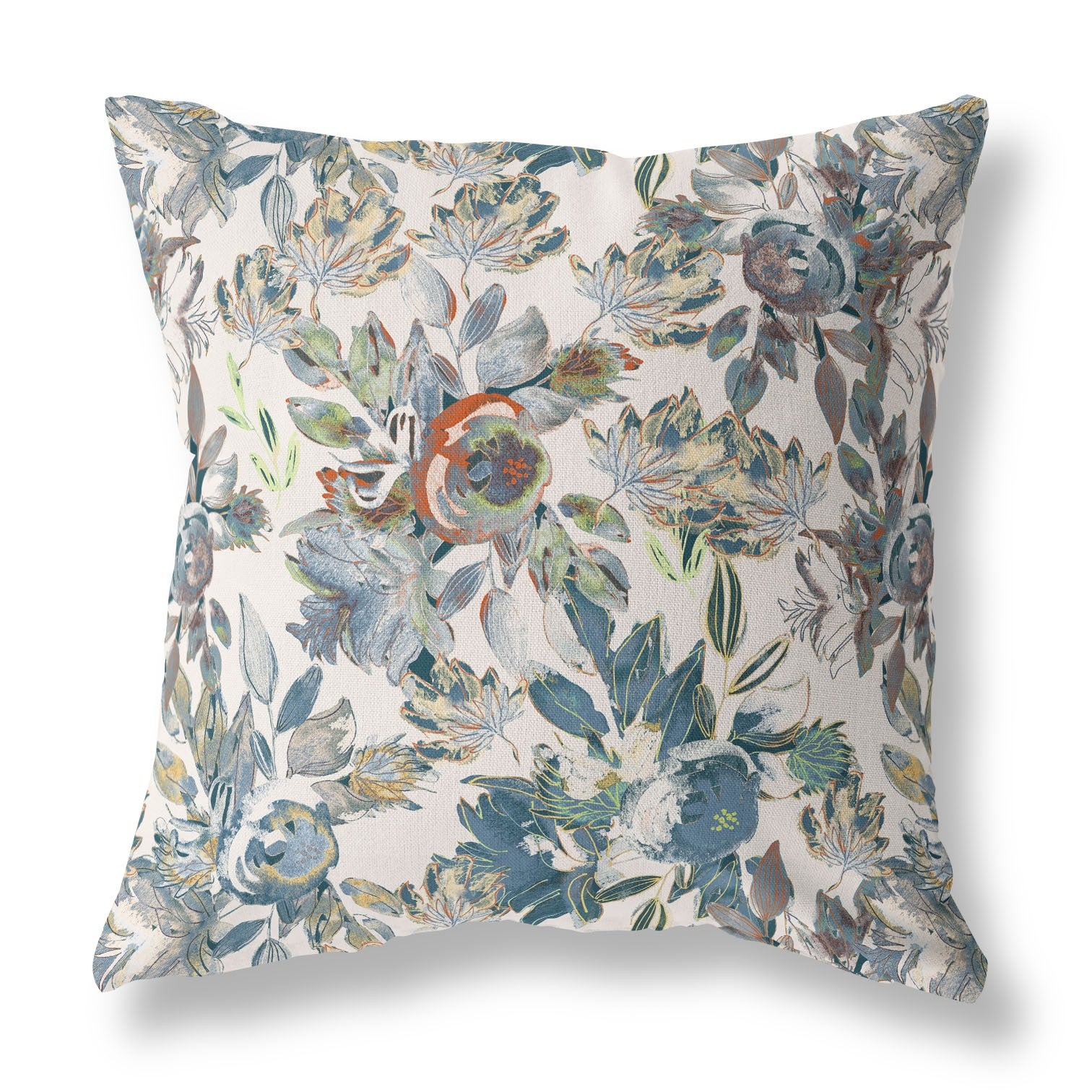 20” Blue White Florals Indoor Outdoor Zippered Throw Pillow