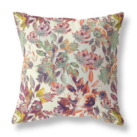 20” Orange Green Florals Indoor Outdoor Zippered Throw Pillow