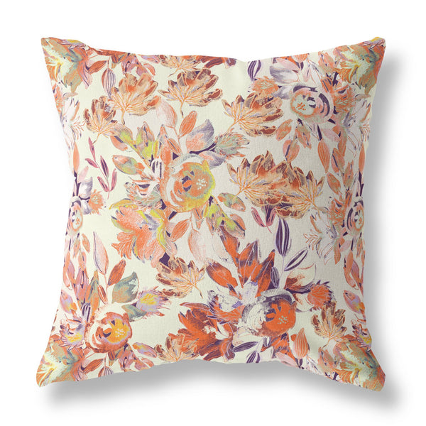 20” Peach Cream Florals Indoor Outdoor Zippered Throw Pillow