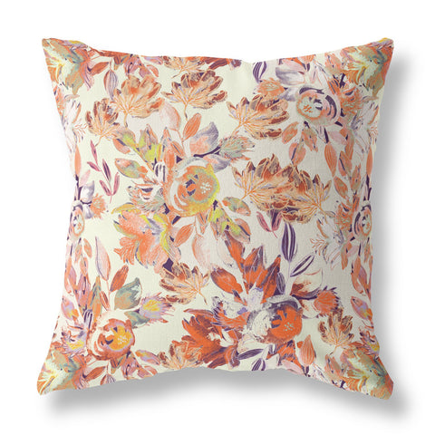 26” Peach Cream Florals Indoor Outdoor Zippered Throw Pillow