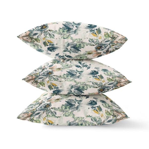 18” White Green Florals Indoor Outdoor Zippered Throw Pillow