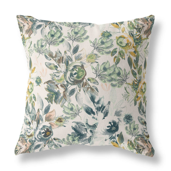 18” White Green Florals Indoor Outdoor Zippered Throw Pillow