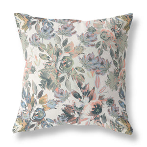 18” Pink Gray Florals Indoor Outdoor Zippered Throw Pillow