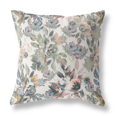 20” Pink Gray Florals Indoor Outdoor Zippered Throw Pillow