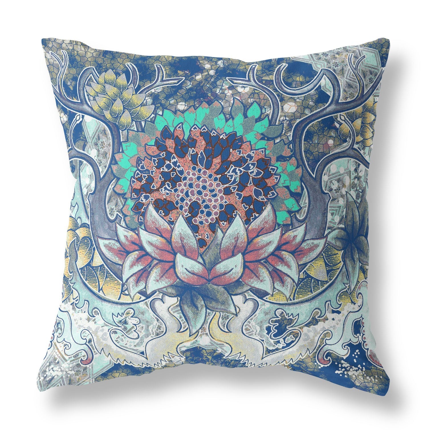 16” Blue Aqua Flower Bloom Suede Throw Pillow