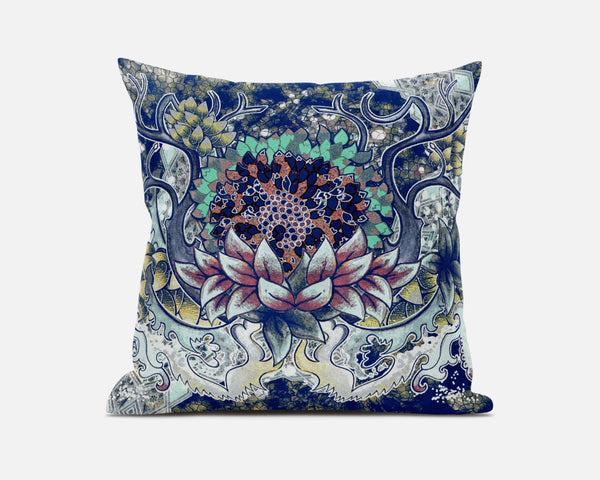 20” Blue Aqua Flower Bloom Suede Throw Pillow