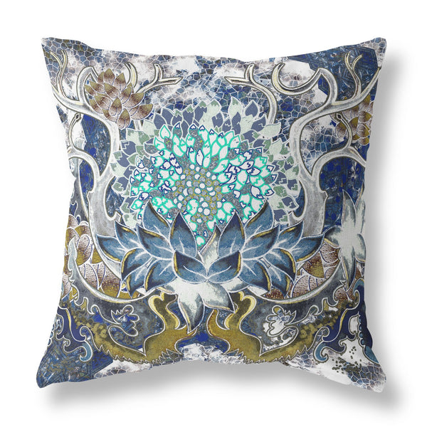 16” Blue White Flower Bloom Suede Throw Pillow