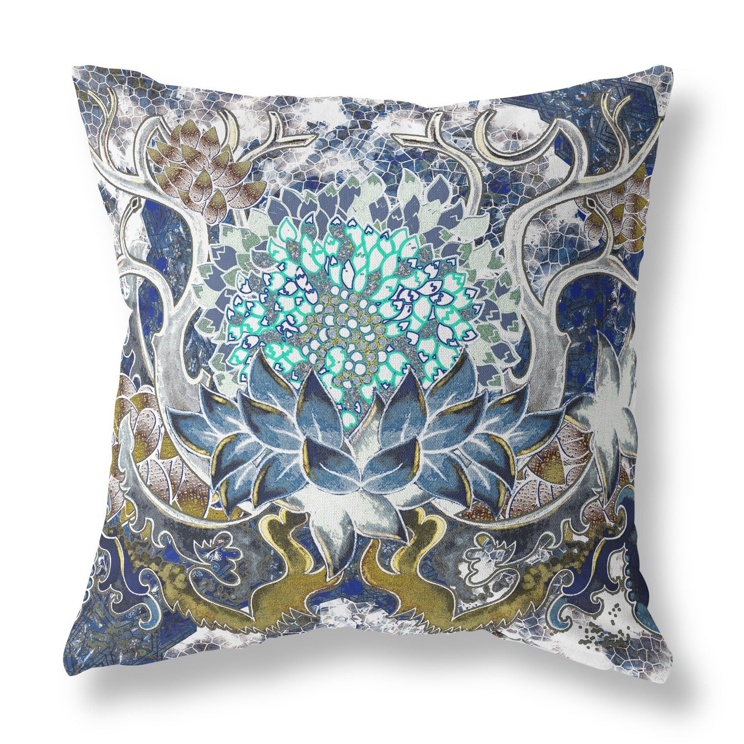 18” Blue White Flower Bloom Suede Throw Pillow