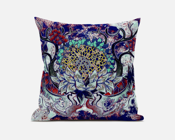 18” Blue Red Flower Bloom Suede Throw Pillow