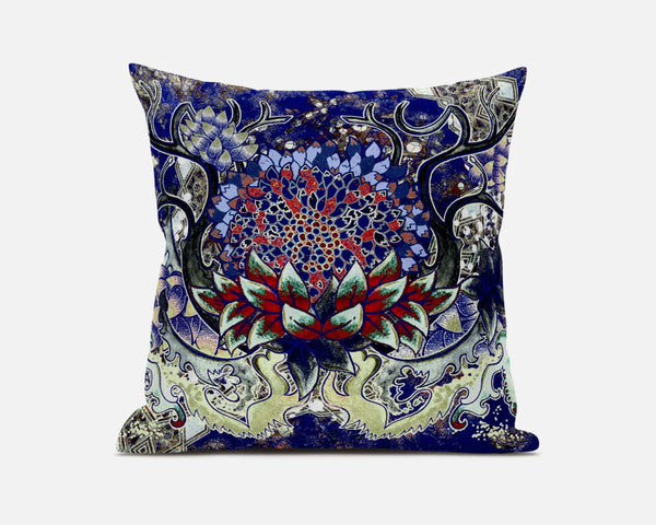 16” Blue Red Flower Bloom Suede Throw Pillow