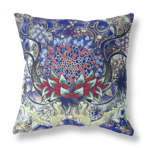 16” Blue Red Flower Bloom Suede Throw Pillow