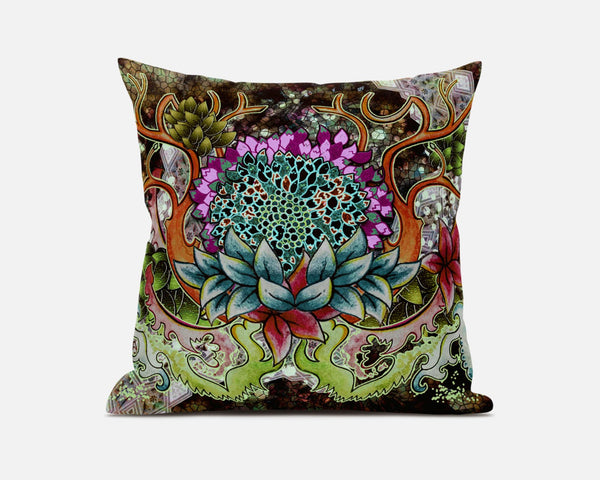 16” Green Orange Flower Bloom Suede Throw Pillow