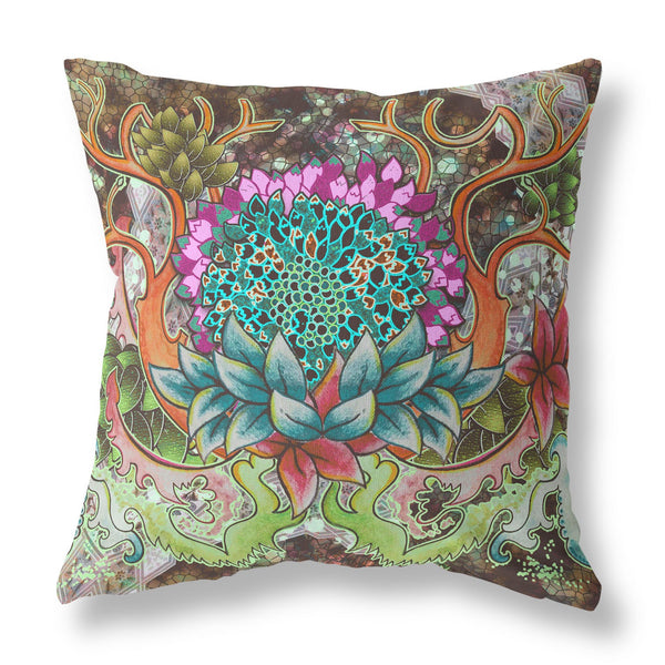 16” Green Orange Flower Bloom Suede Throw Pillow