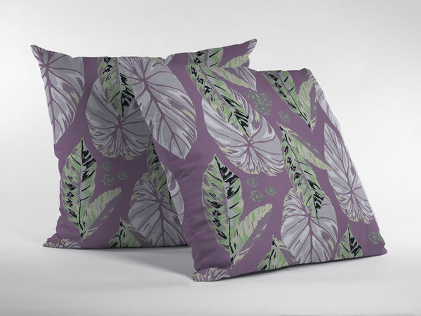 16” White Purple Tropical Leaf Indoor Outdoor Throw Pillow