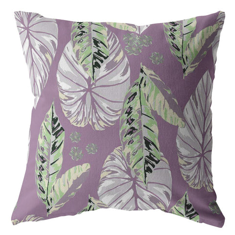 16” White Purple Tropical Leaf Indoor Outdoor Throw Pillow