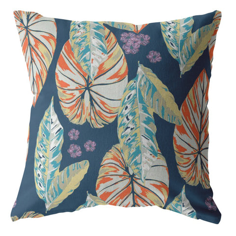 16” Orange Blue Tropical Leaf Suede Throw Pillow