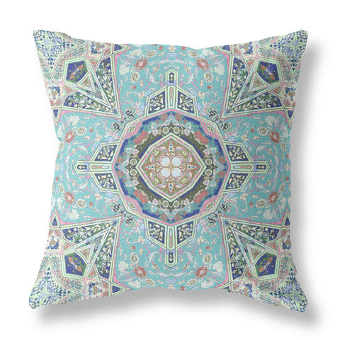 16” Aqua Brown Floral Geo Indoor Outdoor Zippered Throw Pillow