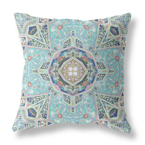 20” Aqua Brown Floral Geo Indoor Outdoor Zippered Throw Pillow