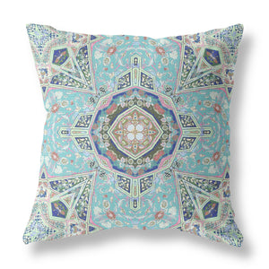 26” Aqua Brown Floral Geo Indoor Outdoor Zippered Throw Pillow