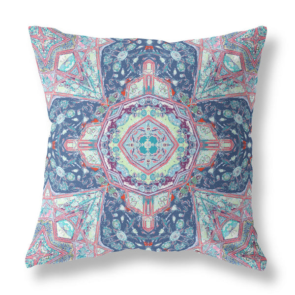 16” Blue Pink Floral Geo Indoor Outdoor Zippered Throw Pillow