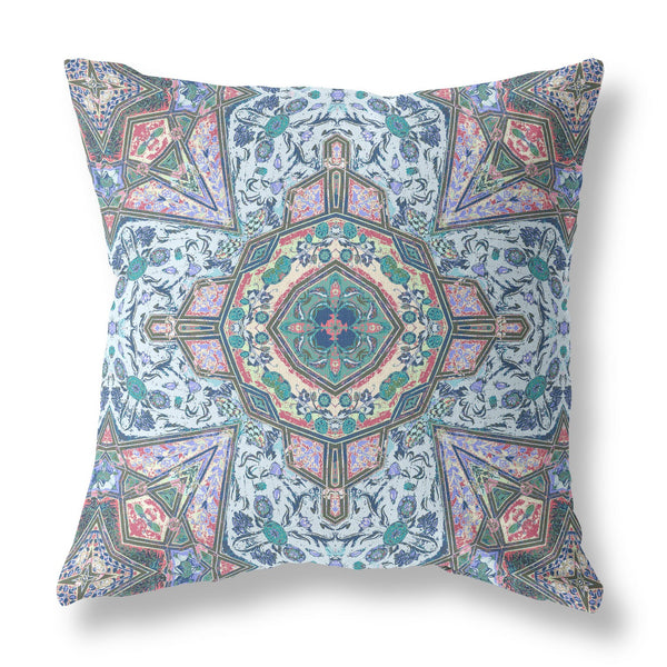 16” Pale Blue Pink Medallion Indoor Outdoor Zippered Throw Pillow