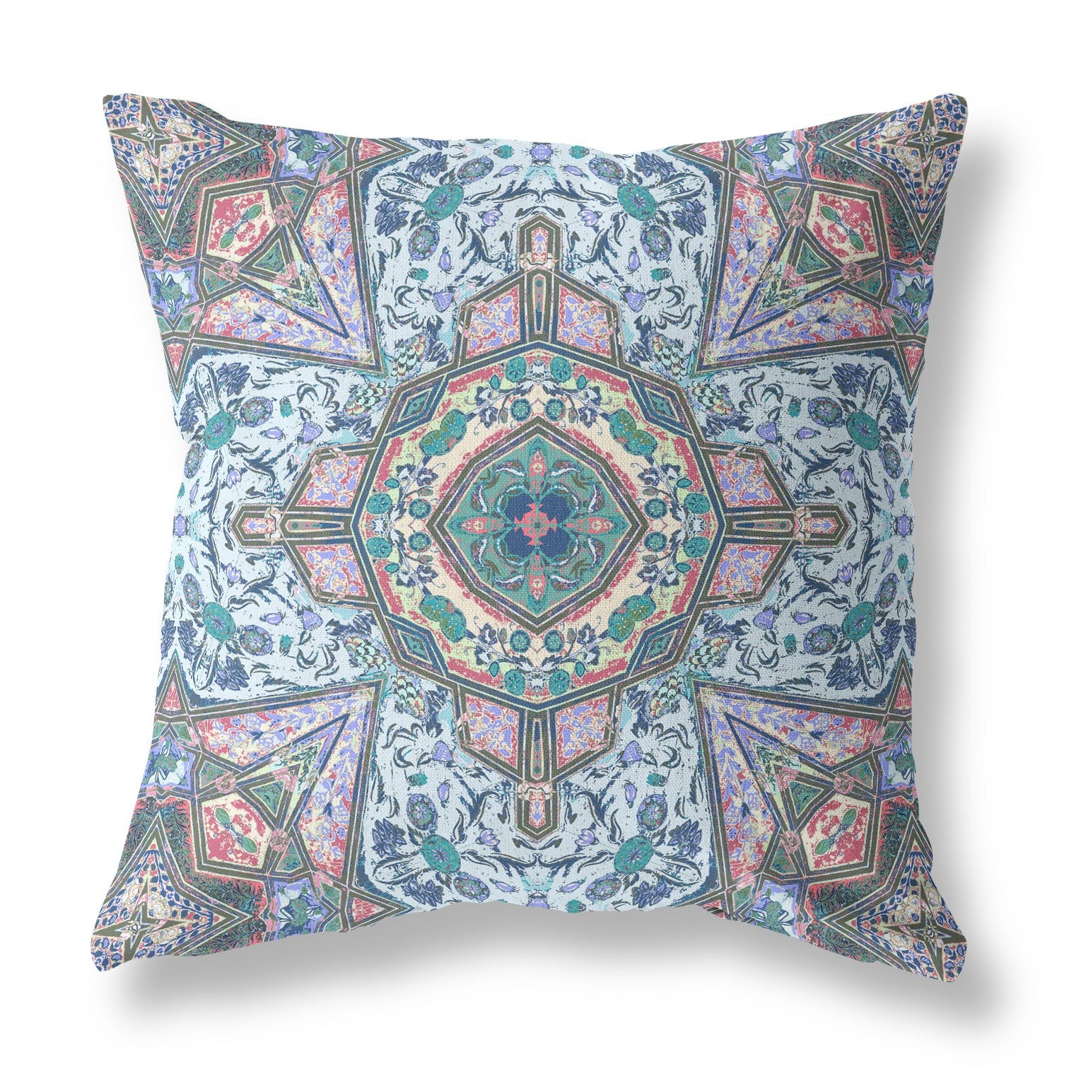 26” Pale Blue Pink Medallion Indoor Outdoor Zippered Throw Pillow