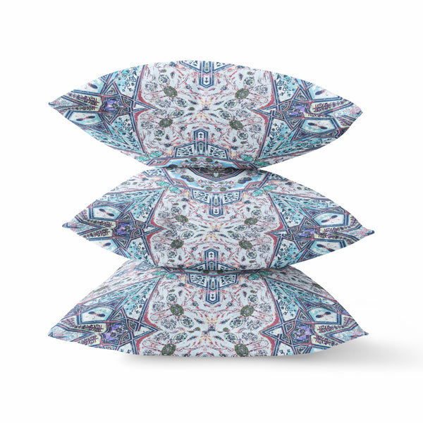 16” Blue Gray Floral Boho Indoor Outdoor Zippered Throw Pillow