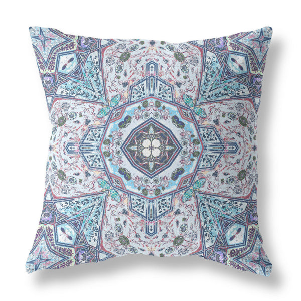 16” Blue Gray Floral Boho Indoor Outdoor Zippered Throw Pillow