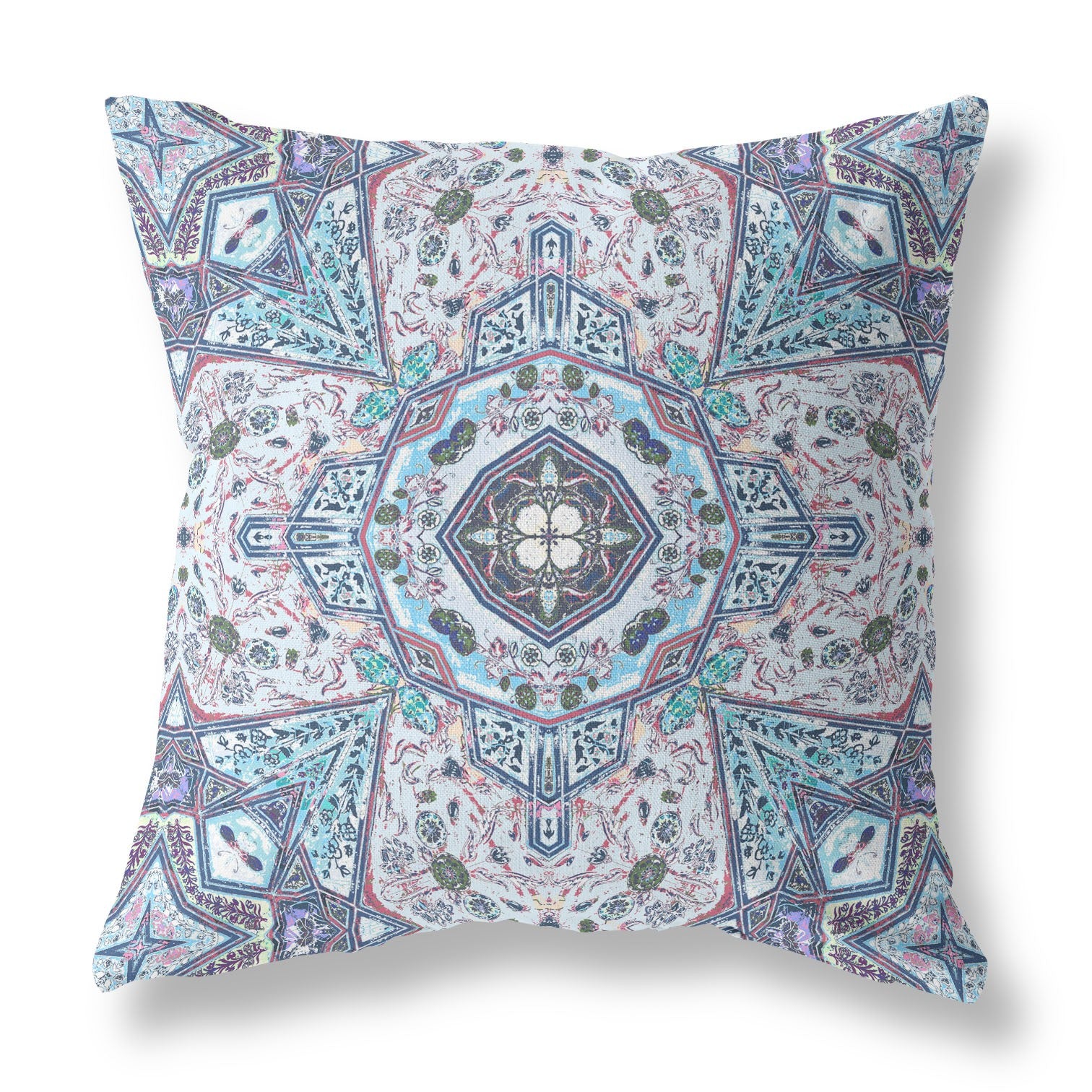 18” Blue Gray Floral Boho Indoor Outdoor Zippered Throw Pillow