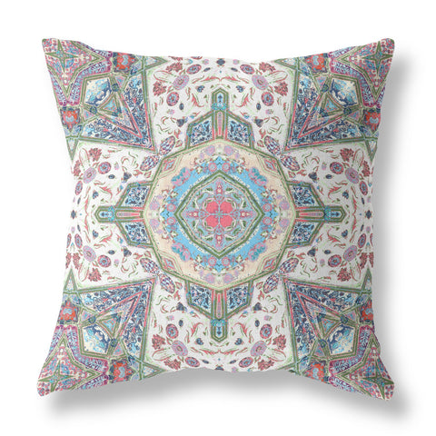 18” Cream Pink Boho Flower Indoor Outdoor Zippered Throw Pillow