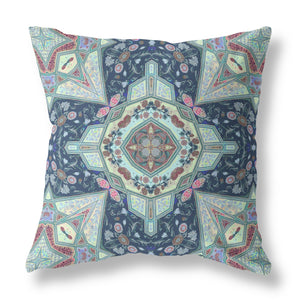 16” Aqua Blue Boho Pattern Indoor Outdoor Zippered Throw Pillow