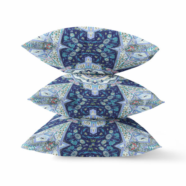 18” Indigo Blue Floral Geo Indoor Outdoor Zippered Throw Pillow