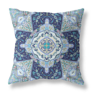 18” Indigo Blue Floral Geo Indoor Outdoor Zippered Throw Pillow