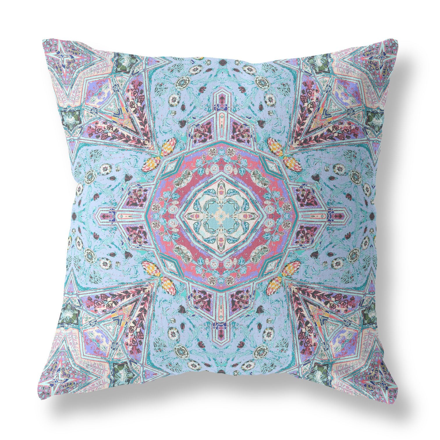 16” Blue Magenta Boho Floral Indoor Outdoor Zippered Throw Pillow