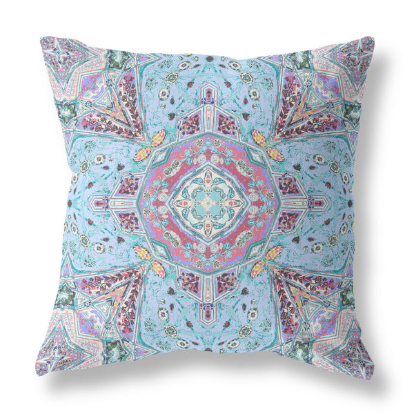 20” Blue Magenta Boho Floral Indoor Outdoor Zippered Throw Pillow