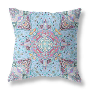 26” Blue Magenta Boho Floral Indoor Outdoor Zippered Throw Pillow