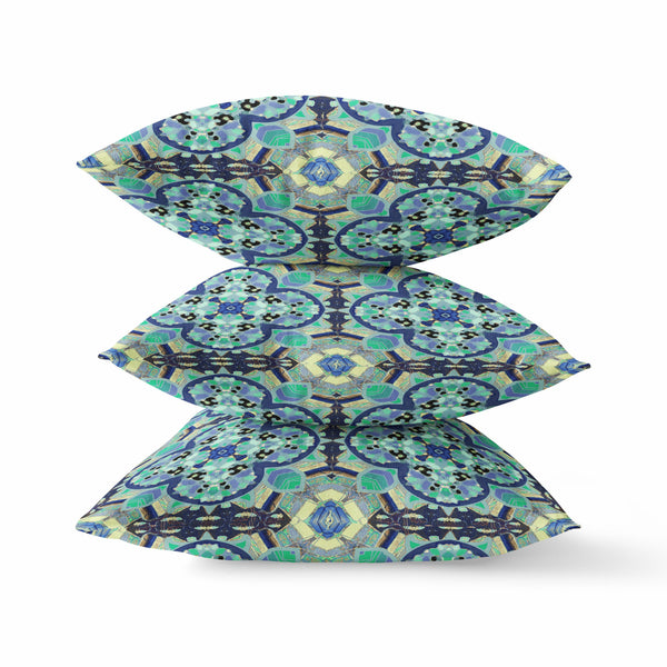 16” Aqua Indigo Cloverleaf Indoor Outdoor Zippered Throw Pillow