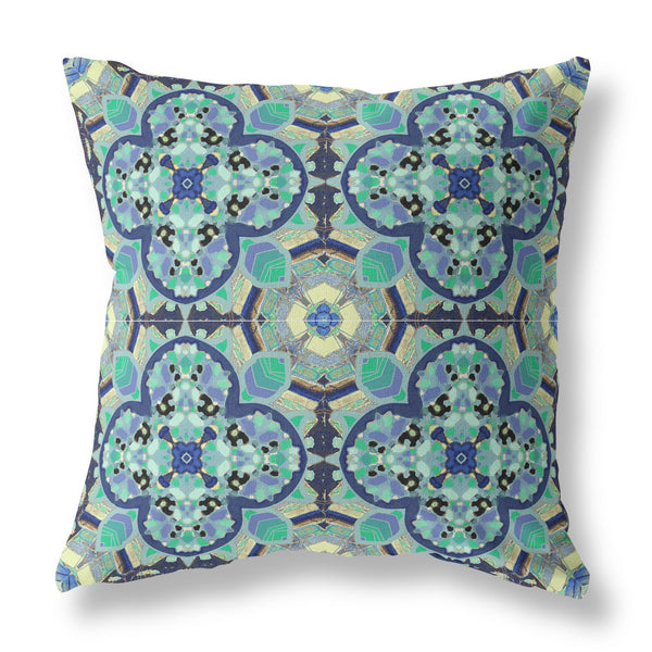 26” Aqua Indigo Cloverleaf Indoor Outdoor Zippered Throw Pillow