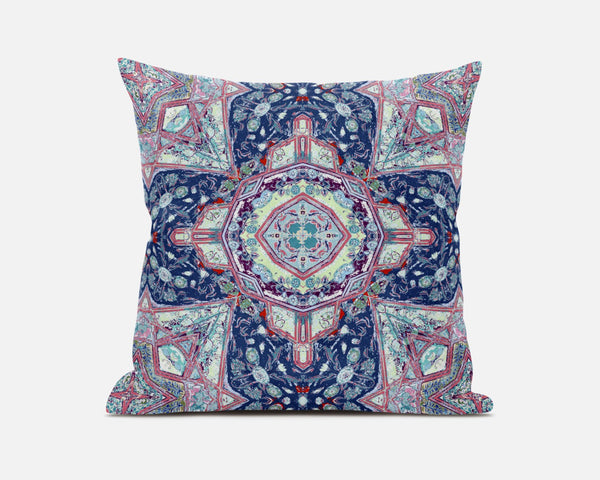 16” Blue Pink Floral Geo Zippered Suede Throw Pillow