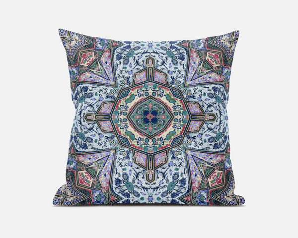 16” Pale Blue Pink Medallion Zippered Suede Throw Pillow