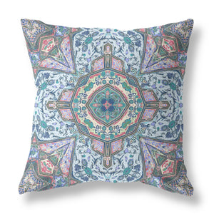 16” Pale Blue Pink Medallion Zippered Suede Throw Pillow