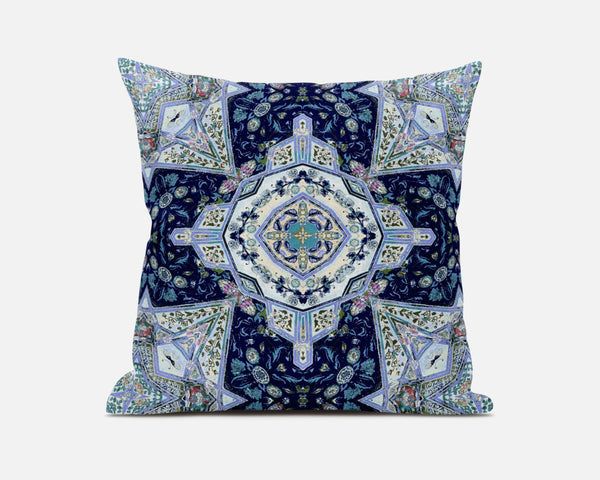 16” Indigo Blue Floral Geo Zippered Suede Throw Pillow